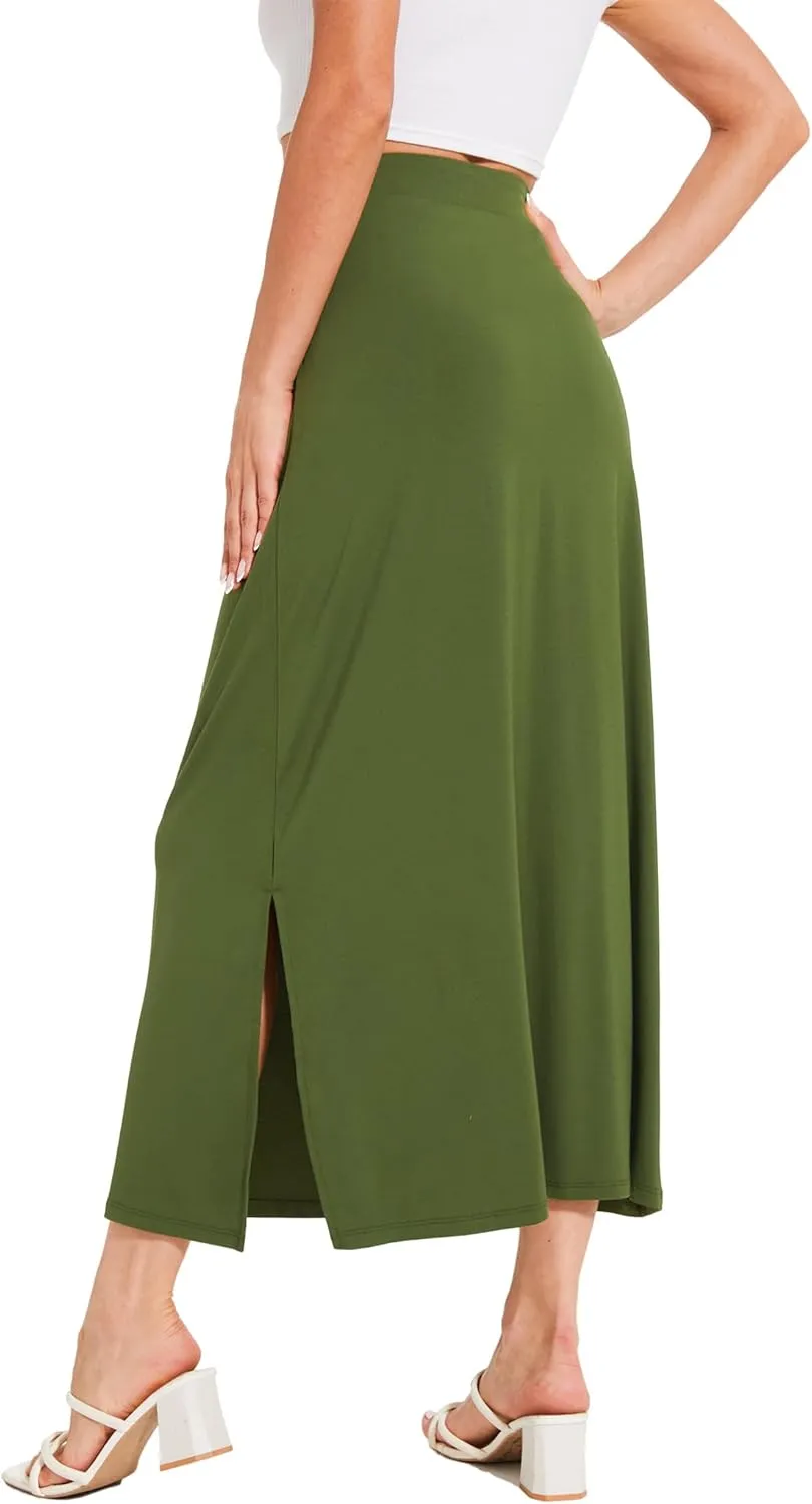 Bamboo Viscose Skirts for Women Midi Length Flowy High Waisted Summer Knit Long Skirts with Slit