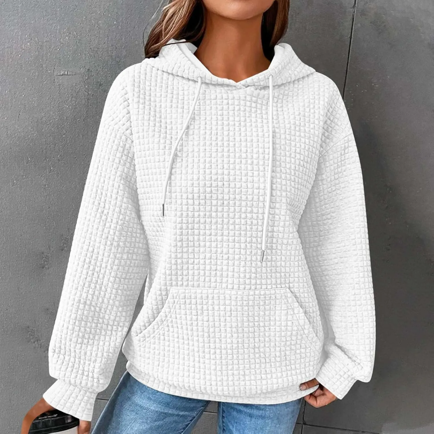 Ceboyel Women Waffle Knit Cute Hoodies Drawstring Pullover Sweatshirts Fashion Casual Sweaters Comfy Fall Clothes Outfits