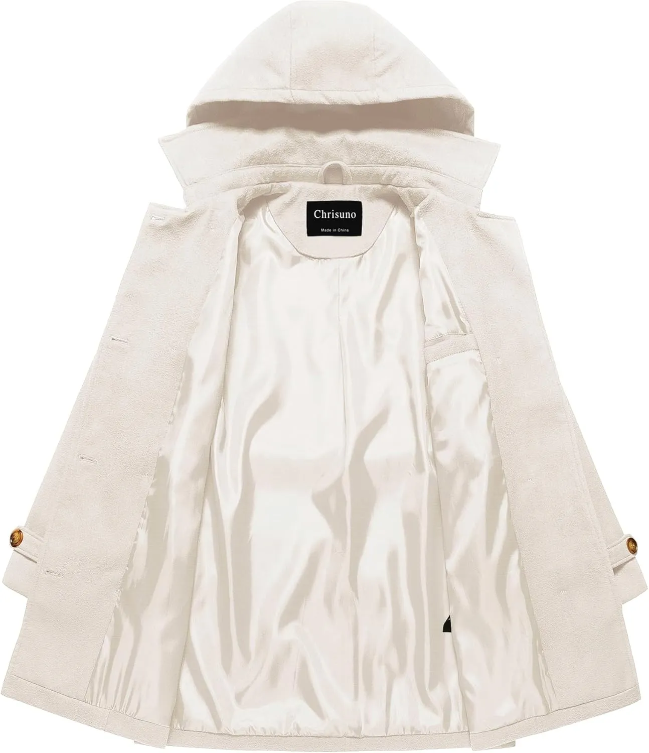 Chrisuno Women's Double Breasted Pea Coat Hooded Long Winter Trench Coat