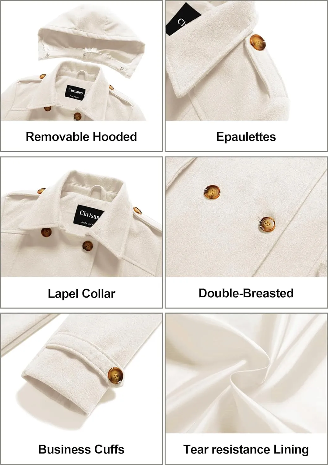 Chrisuno Women's Double Breasted Pea Coat Hooded Long Winter Trench Coat