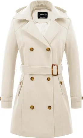 Chrisuno Women's Double Breasted Pea Coat Hooded Long Winter Trench Coat