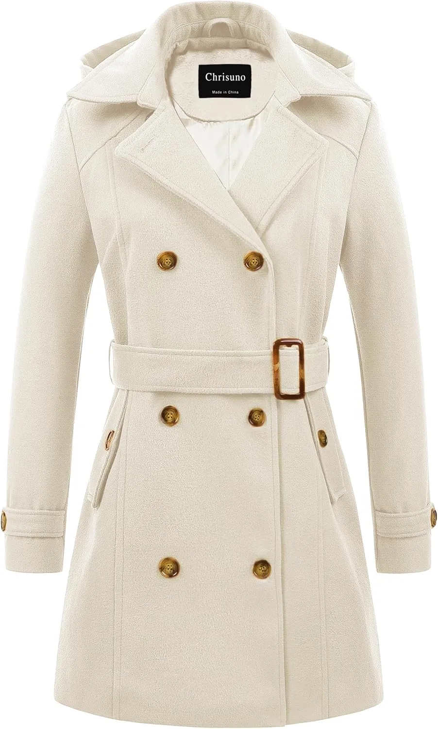Chrisuno Women's Double Breasted Pea Coat Hooded Long Winter Trench Coat