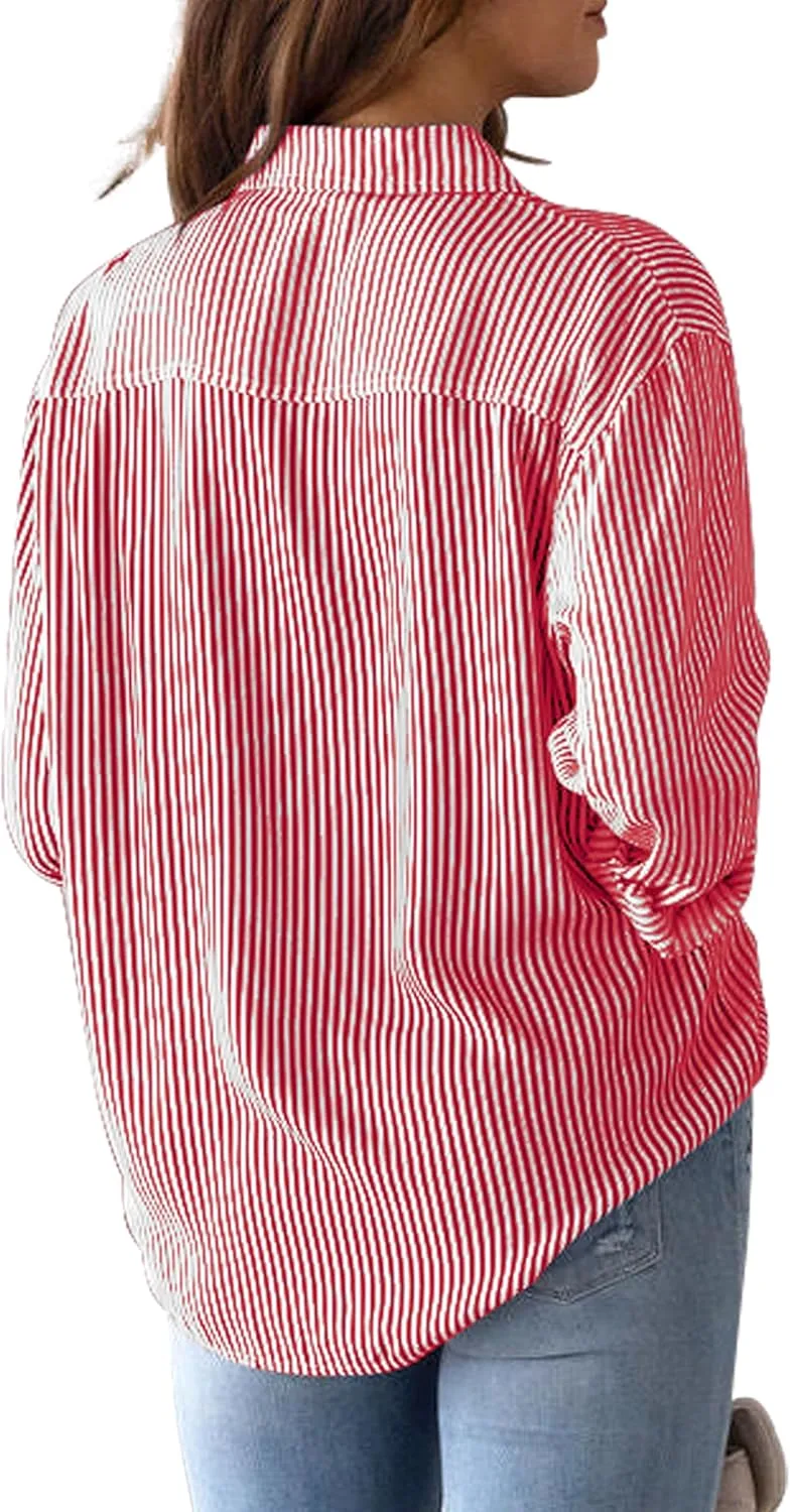 CUNLIN Grade 4 Wrinkle-Resistant Women's Button Down Shirts Striped Long Sleeve Collared Blouses Tops with Pocket