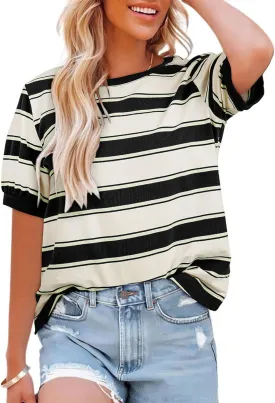 Dokotoo Womens Summer Tops 2025 Striped Color Block Short Sleeve T-Shirts Crewneck Casual Loose Basic Tee Blouses