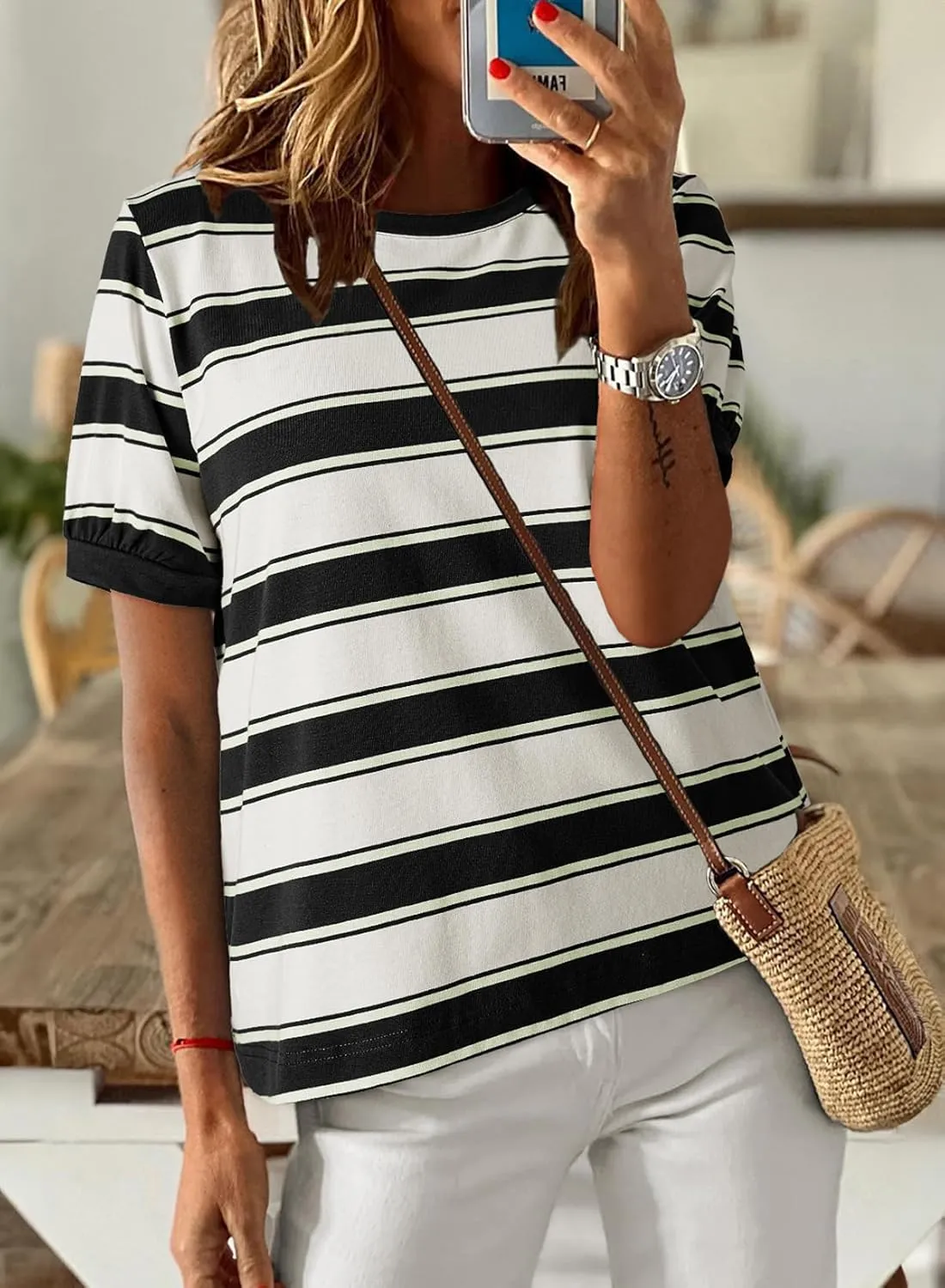 Dokotoo Womens Summer Tops 2025 Striped Color Block Short Sleeve T-Shirts Crewneck Casual Loose Basic Tee Blouses
