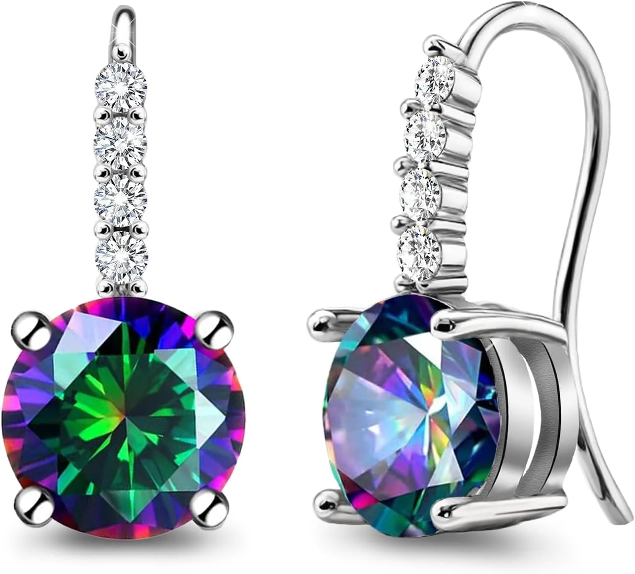 Drop Dangle Earrings Sterling Silver Round Cut CZ Mystic Rainbow Topaz Dangle Hook Earrings 9MM 2.5ct Prong Setting Multicolor Crystals Bridal Earrings Fashion Quartz Jewelry Gifts for Women