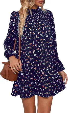 Floerns Women's Floral Print Long Sleeve Mock Neck Ruffle Hem Short Swing Shift Dresses