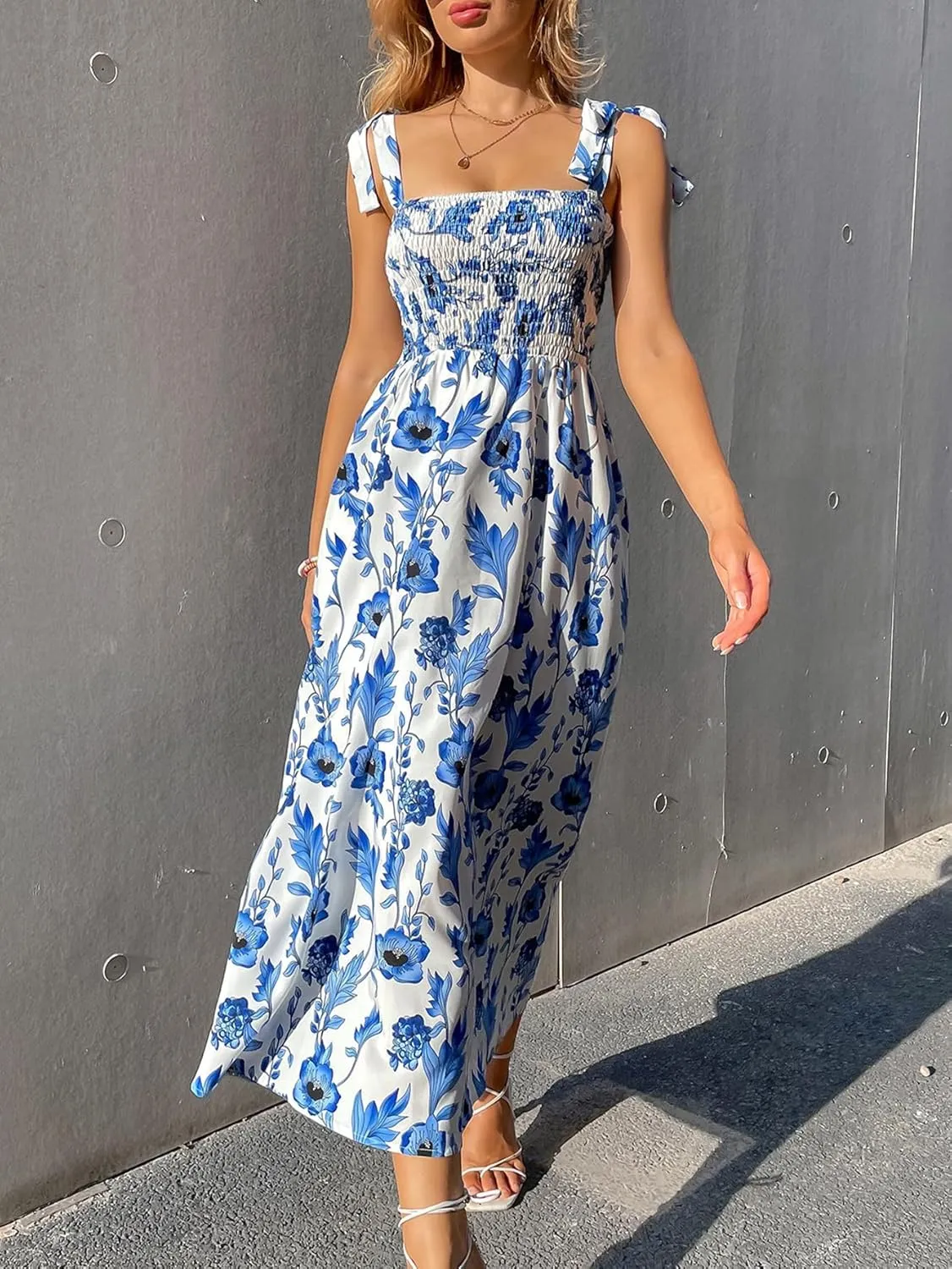 Floerns Women's Floral Print Tie Strap Square Neck Ruffle Boho Maxi Dress