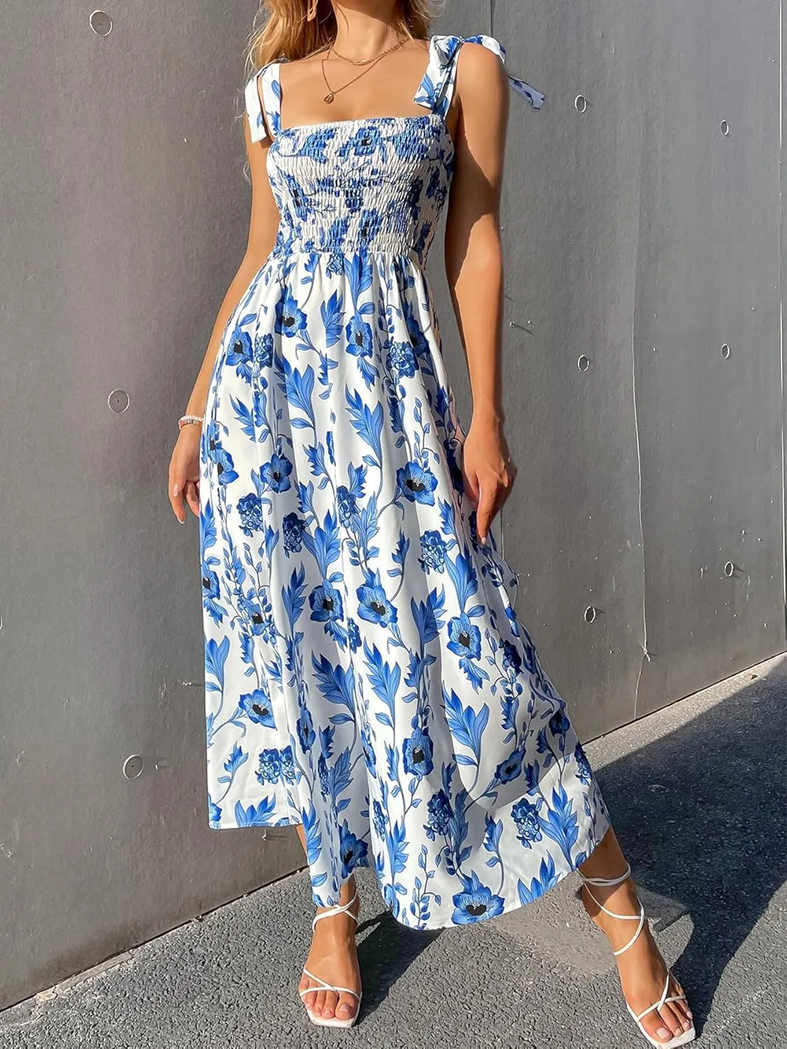 Floerns Women's Floral Print Tie Strap Square Neck Ruffle Boho Maxi Dress