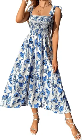Floerns Women's Floral Print Tie Strap Square Neck Ruffle Boho Maxi Dress