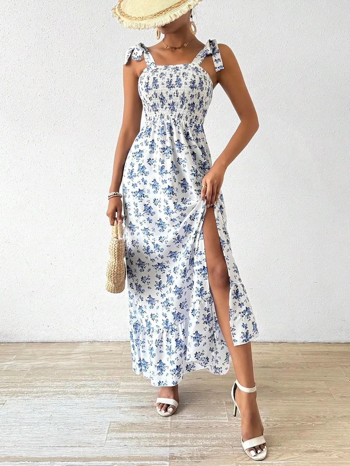 Floerns Women's Floral Print Tie Strap Square Neck Ruffle Boho Maxi Dress