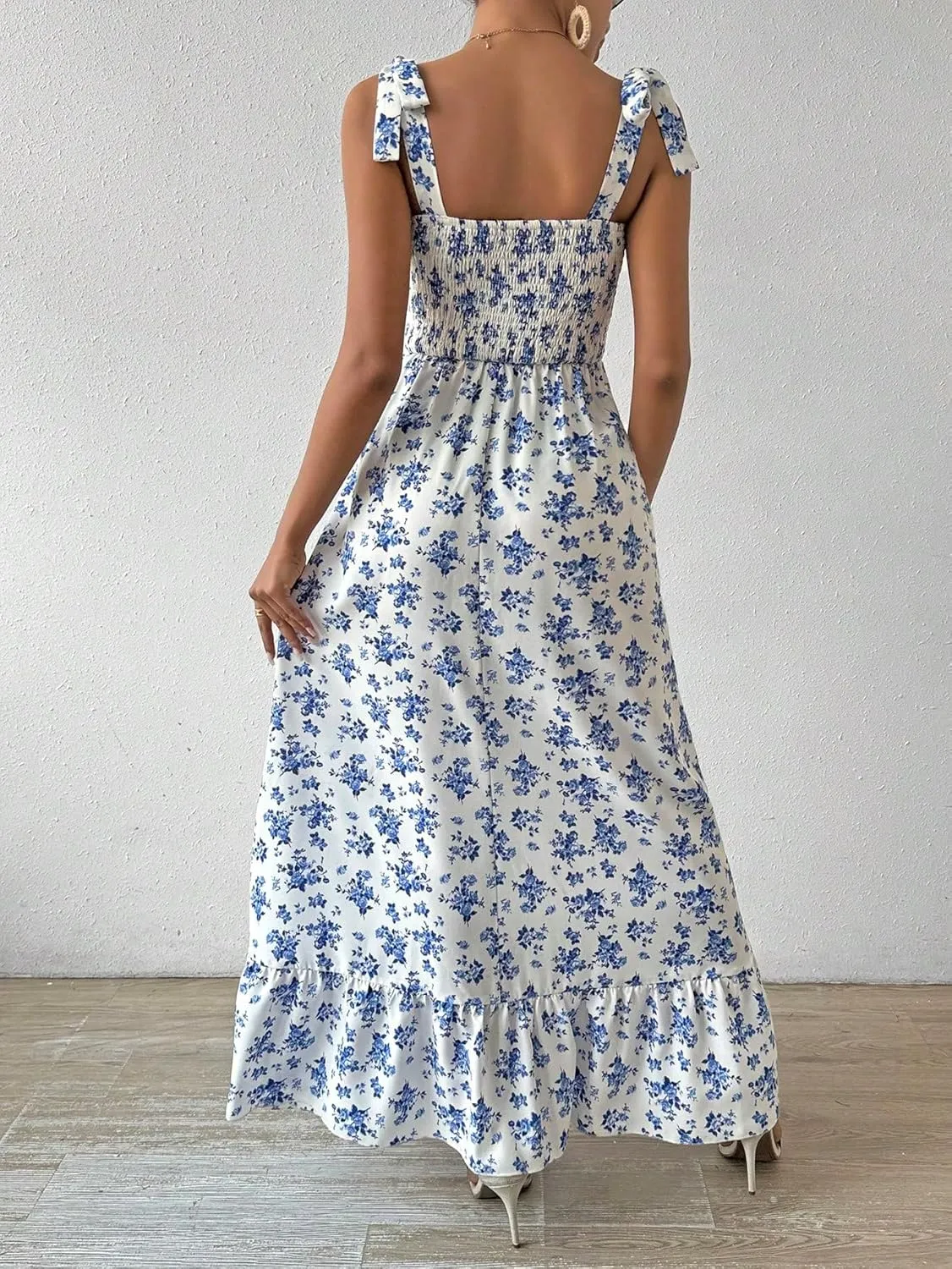 Floerns Women's Floral Print Tie Strap Square Neck Ruffle Boho Maxi Dress