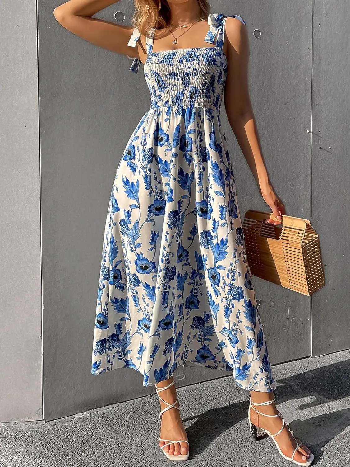 Floerns Women's Floral Print Tie Strap Square Neck Ruffle Boho Maxi Dress
