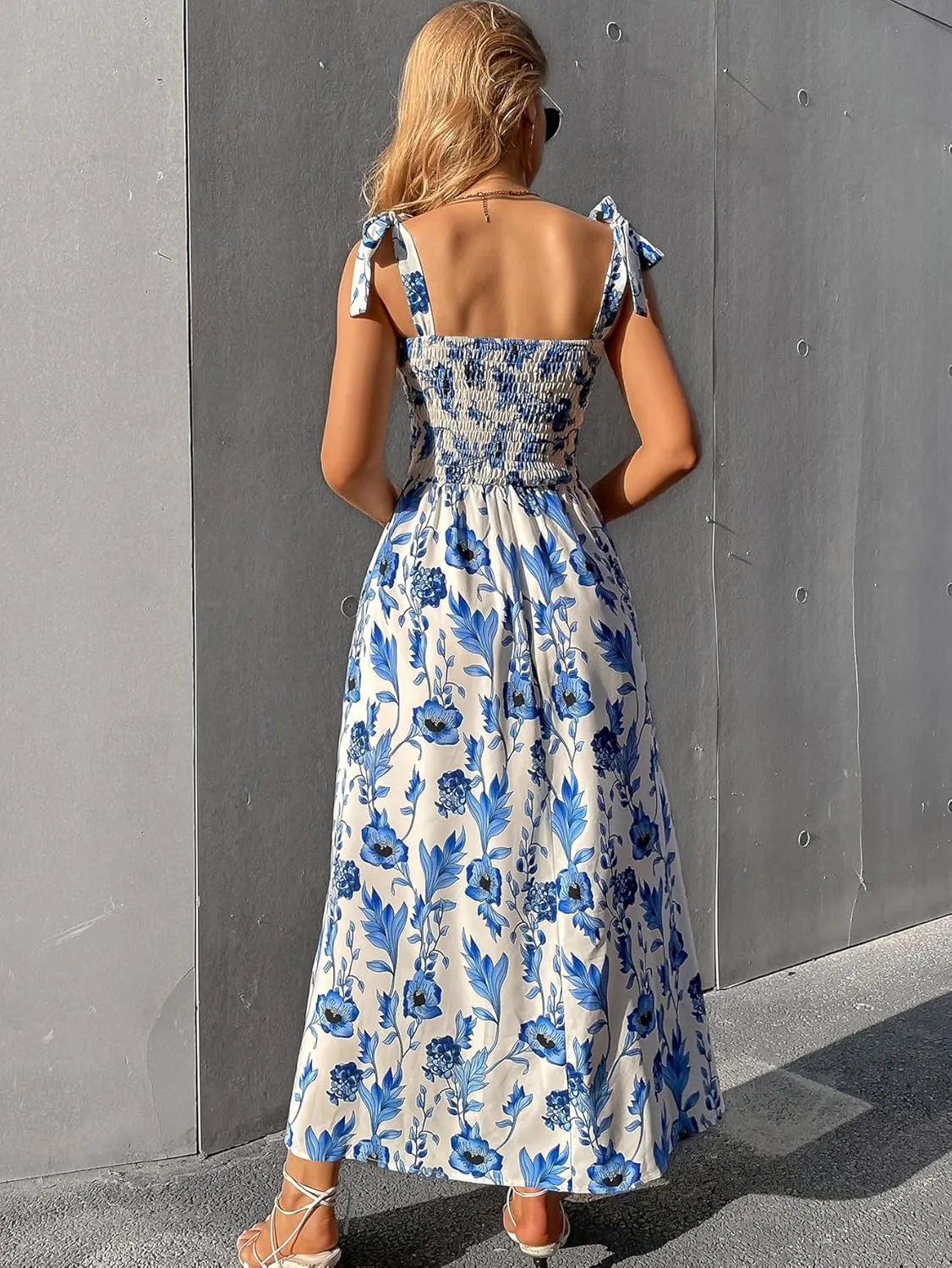 Floerns Women's Floral Print Tie Strap Square Neck Ruffle Boho Maxi Dress