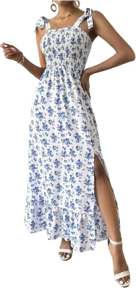Floerns Women's Floral Print Tie Strap Square Neck Ruffle Boho Maxi Dress