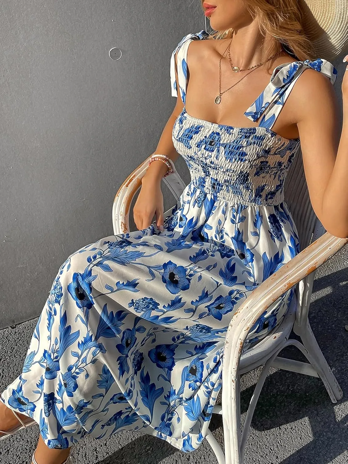 Floerns Women's Floral Print Tie Strap Square Neck Ruffle Boho Maxi Dress