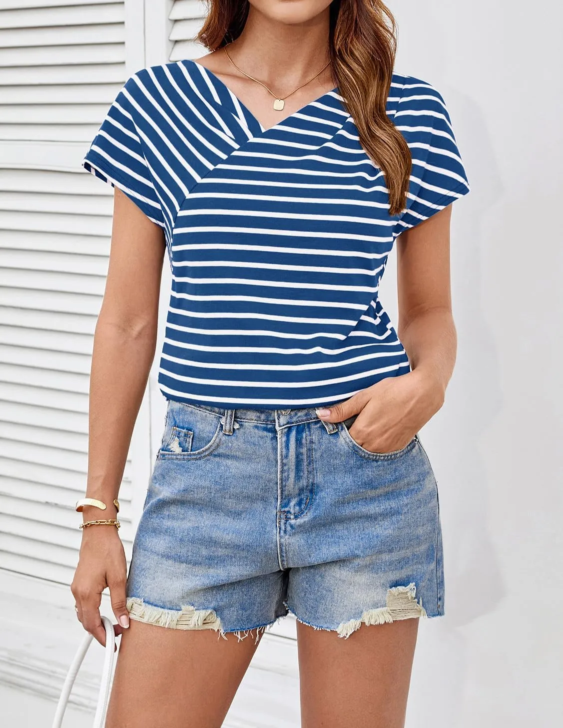 GRACE KARIN Womens Summer Tops Short Sleeve V Neck Striped T Shirt Casual Comfy Dressy Blouses