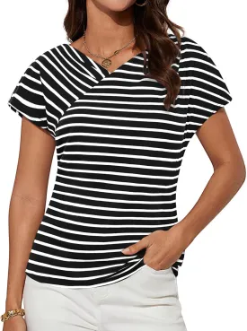 GRACE KARIN Womens Summer Tops Short Sleeve V Neck Striped T Shirt Casual Comfy Dressy Blouses