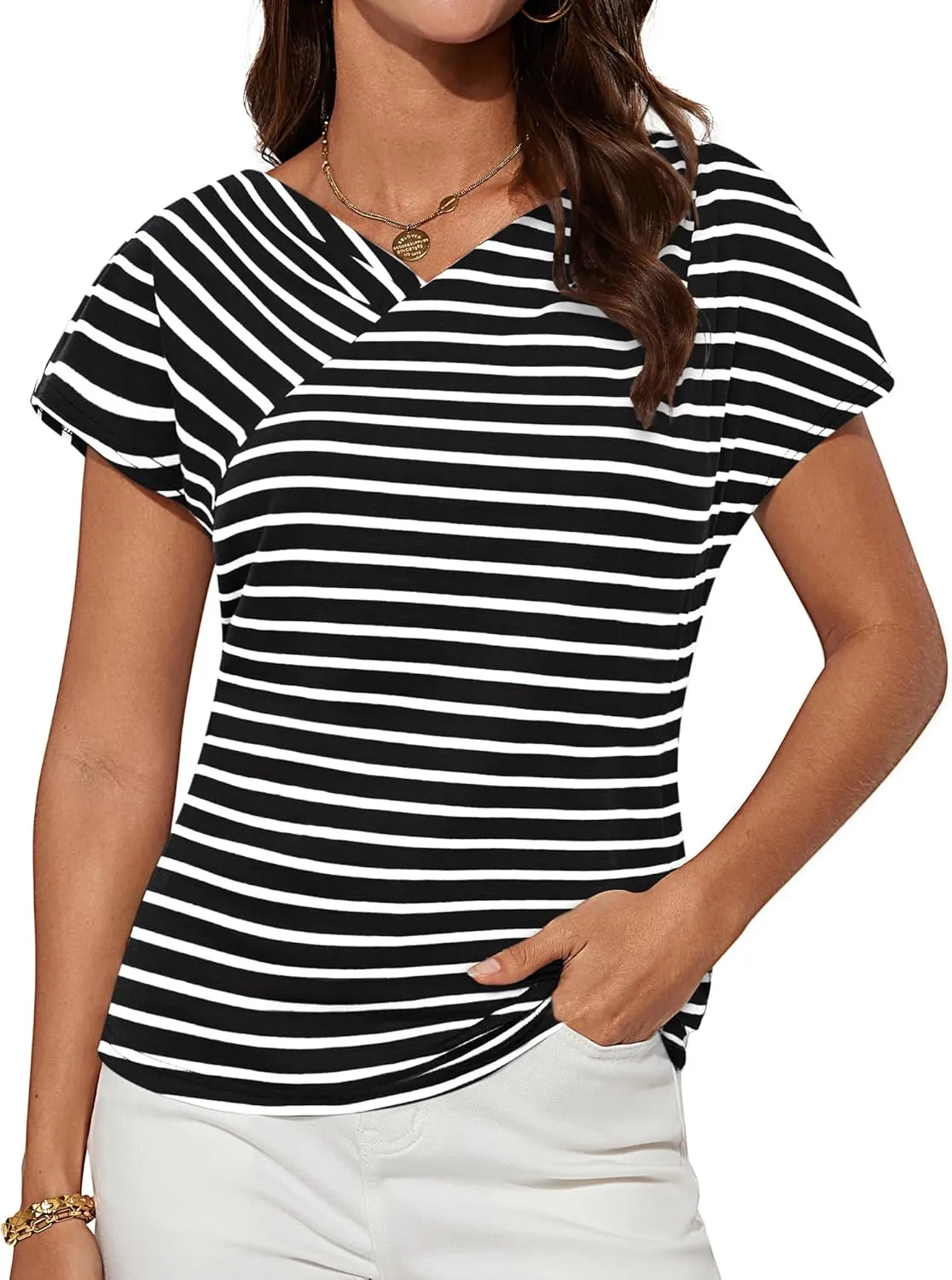 GRACE KARIN Womens Summer Tops Short Sleeve V Neck Striped T Shirt Casual Comfy Dressy Blouses