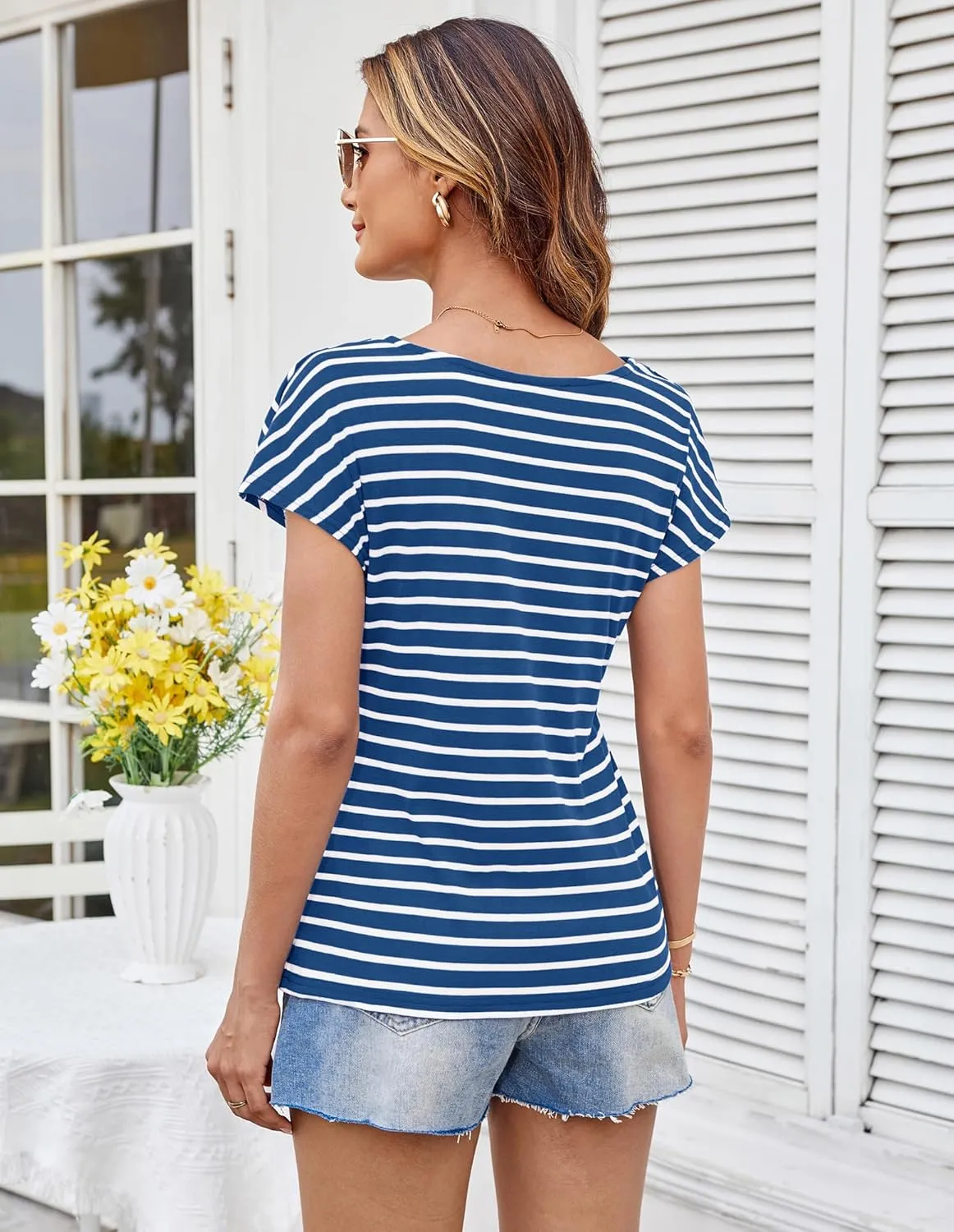 GRACE KARIN Womens Summer Tops Short Sleeve V Neck Striped T Shirt Casual Comfy Dressy Blouses