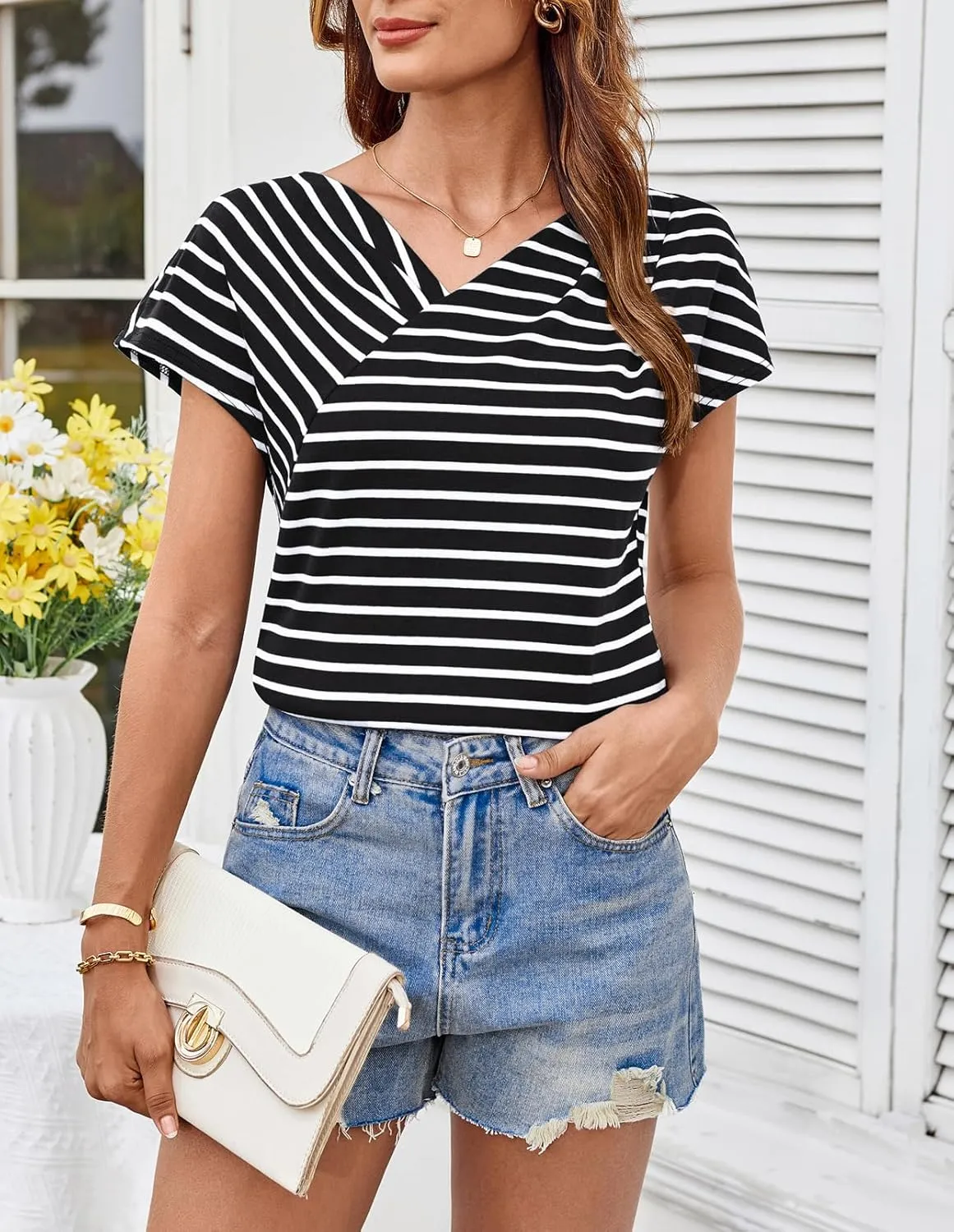 GRACE KARIN Womens Summer Tops Short Sleeve V Neck Striped T Shirt Casual Comfy Dressy Blouses