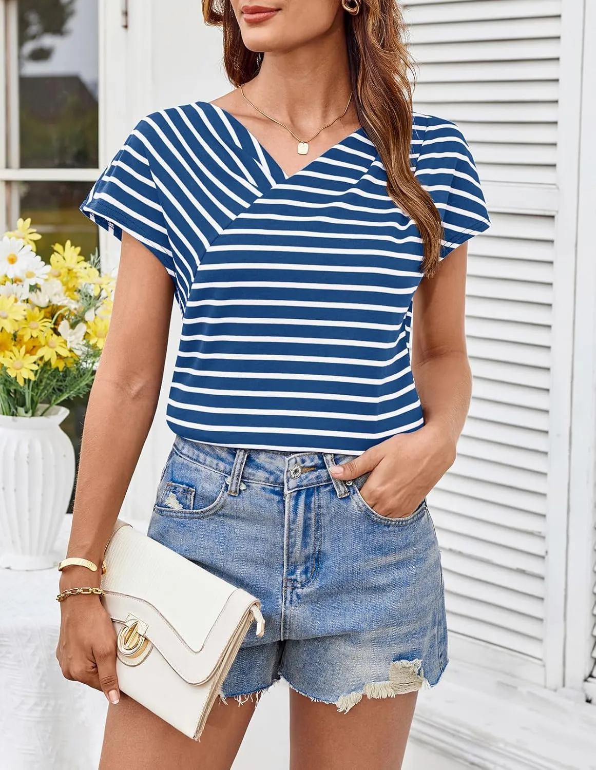 GRACE KARIN Womens Summer Tops Short Sleeve V Neck Striped T Shirt Casual Comfy Dressy Blouses