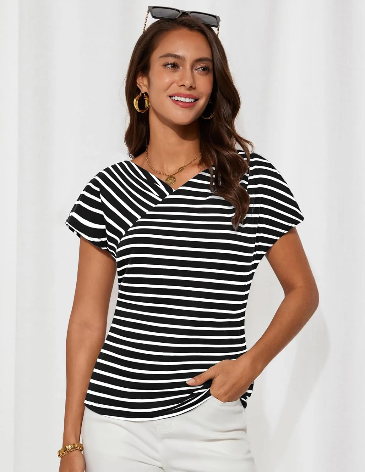 GRACE KARIN Womens Summer Tops Short Sleeve V Neck Striped T Shirt Casual Comfy Dressy Blouses