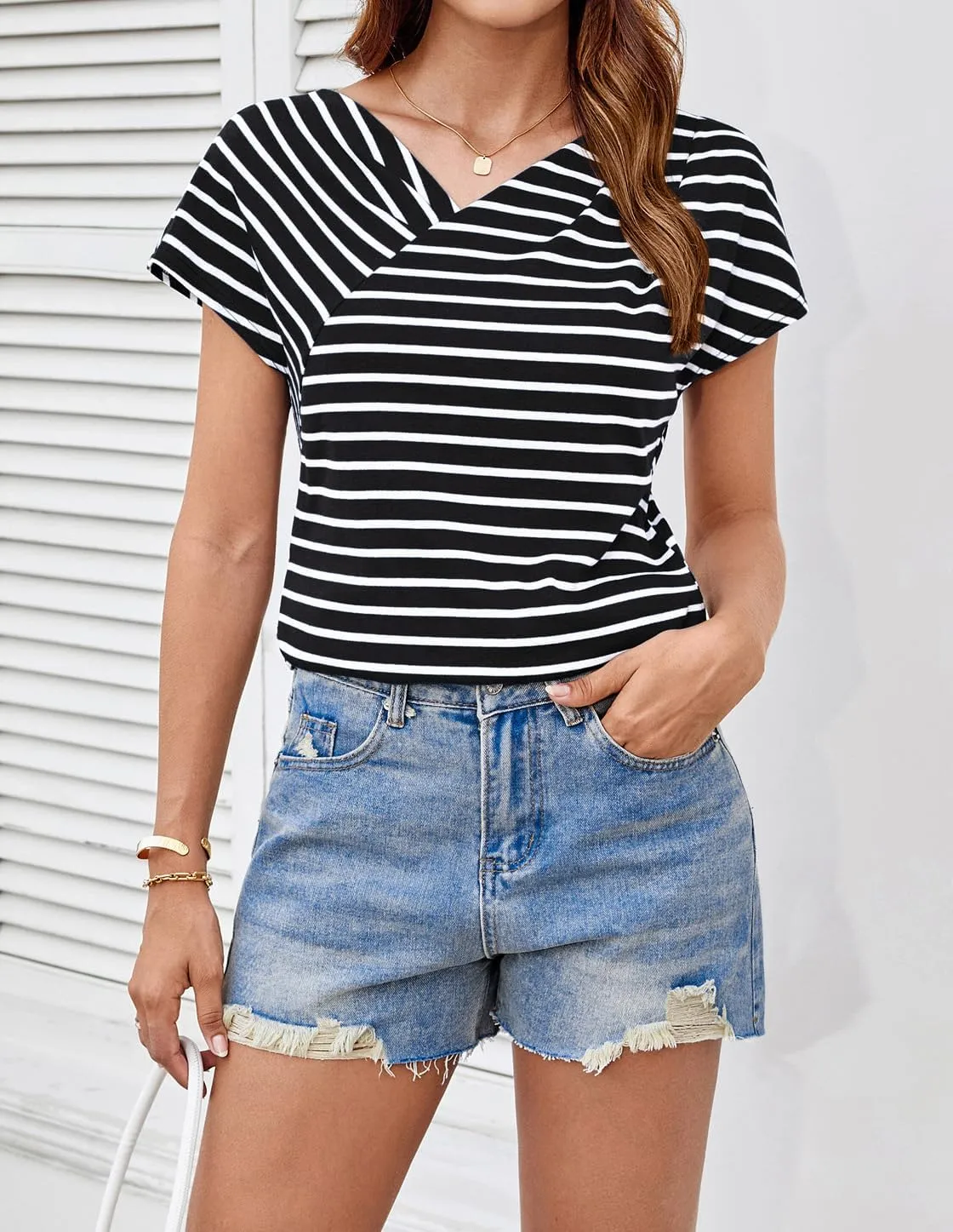 GRACE KARIN Womens Summer Tops Short Sleeve V Neck Striped T Shirt Casual Comfy Dressy Blouses