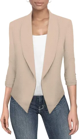 Hybrid & Company Lightweight Open Front Cardigan Classic Ruched Sleeve Work Office Blazer Suit Jackets