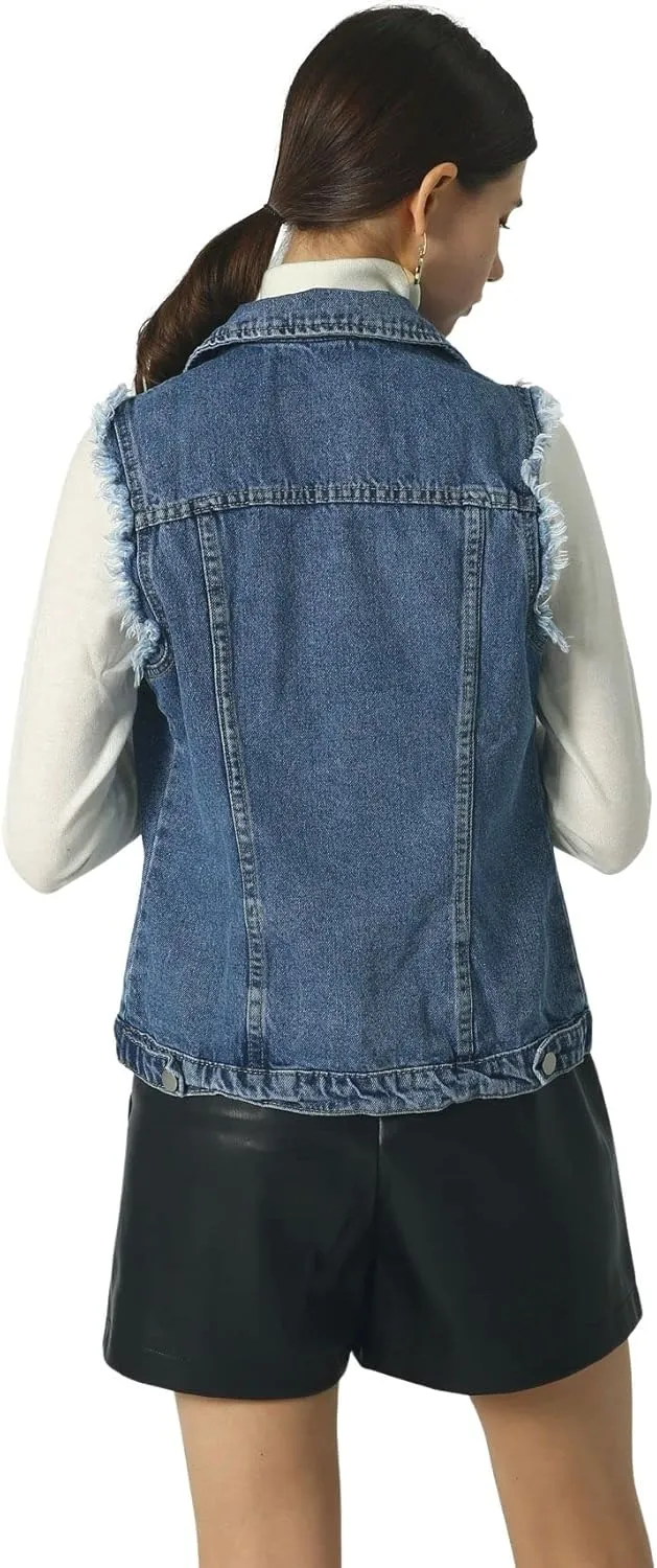 loveimgs Women's Fashion Sleeveless Regular Fit Lightweight Button Front Candy Color Ripped Denim Vest Jacket Pockets