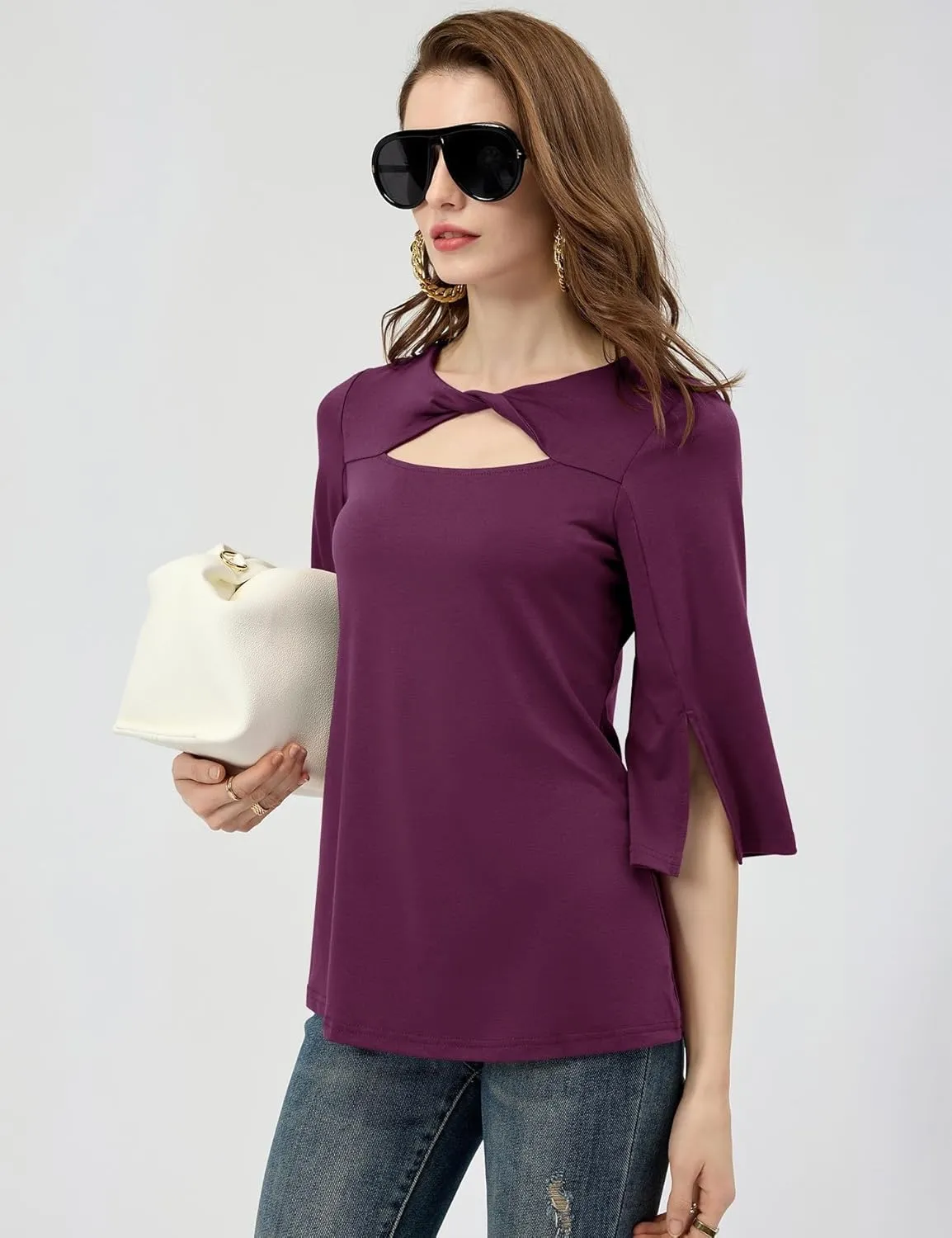 LUYAA Women's 3/4 Sleeve Tops Dressy Casual Summer Cut Out Twist Knot Elegant Blouse Tunics