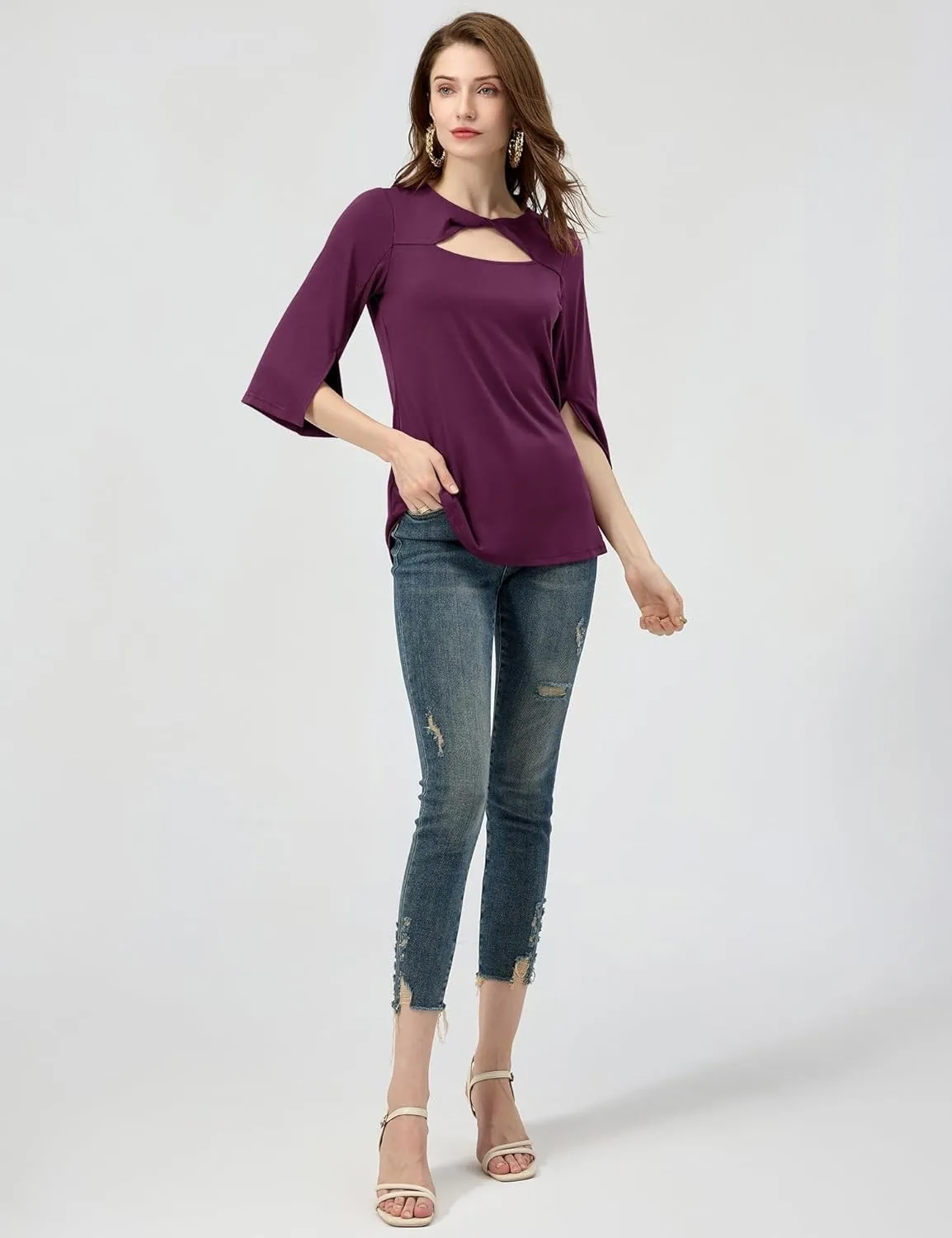 LUYAA Women's 3/4 Sleeve Tops Dressy Casual Summer Cut Out Twist Knot Elegant Blouse Tunics