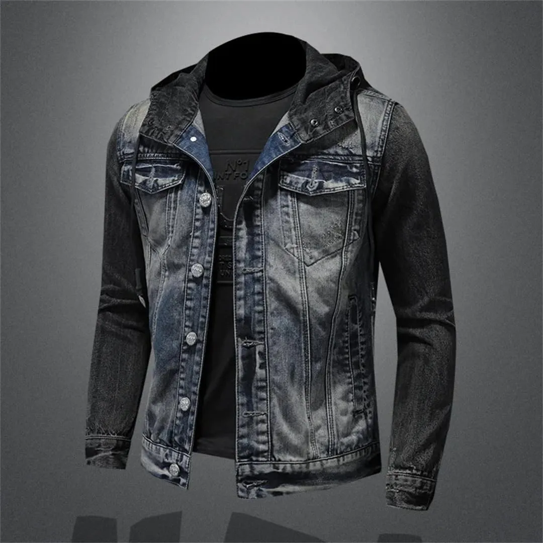 Men Spliced Hooded Washed Denim Jacket Long Sleeve Cardigan Single Breasted Outerwear Loose Coats Pockets High Street Button