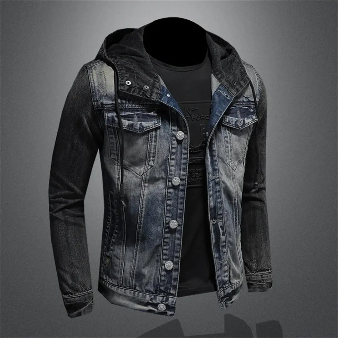 Men Spliced Hooded Washed Denim Jacket Long Sleeve Cardigan Single Breasted Outerwear Loose Coats Pockets High Street Button