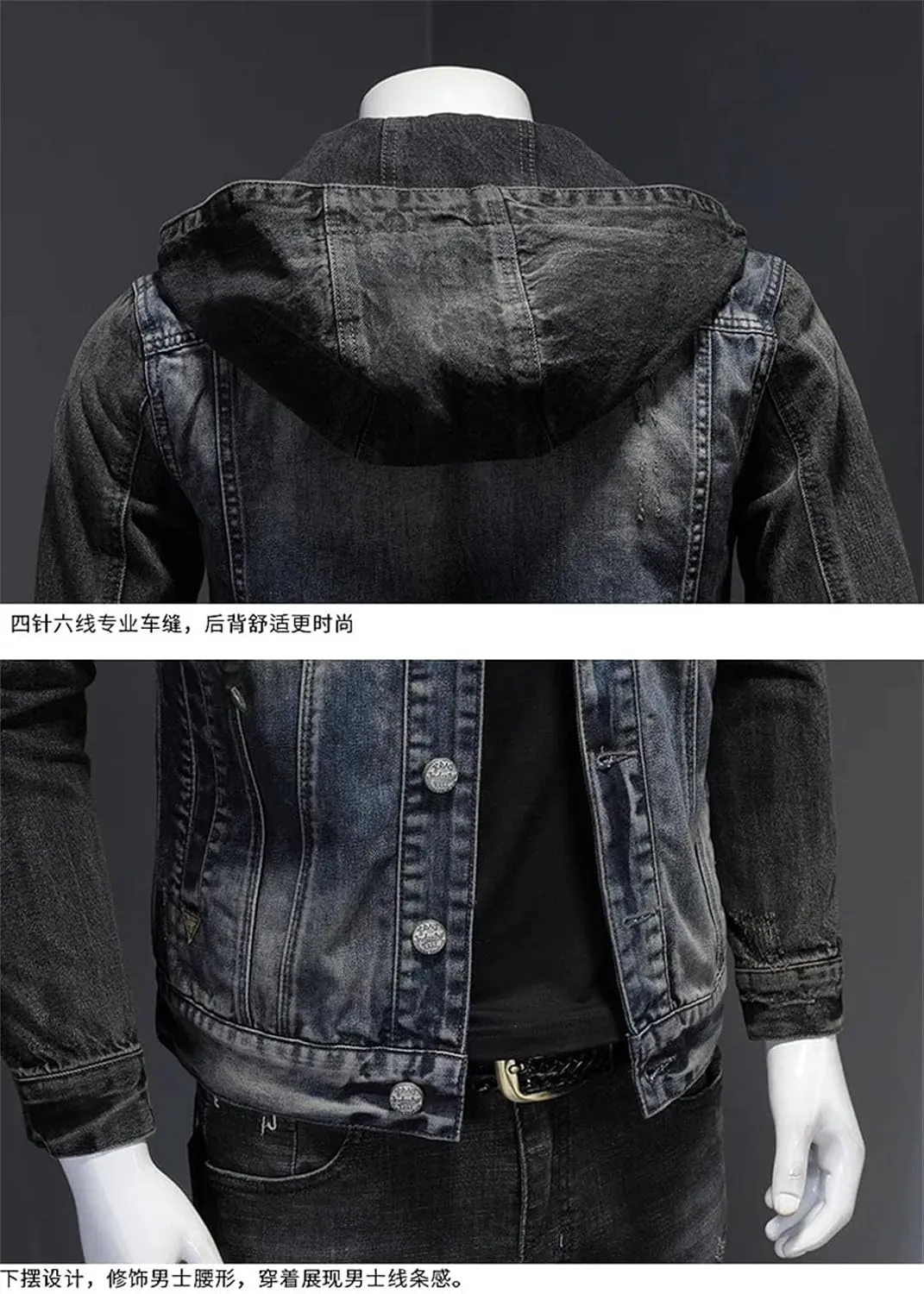 Men Spliced Hooded Washed Denim Jacket Long Sleeve Cardigan Single Breasted Outerwear Loose Coats Pockets High Street Button