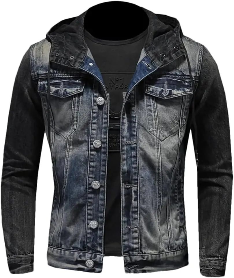 Men Spliced Hooded Washed Denim Jacket Long Sleeve Cardigan Single Breasted Outerwear Loose Coats Pockets High Street Button