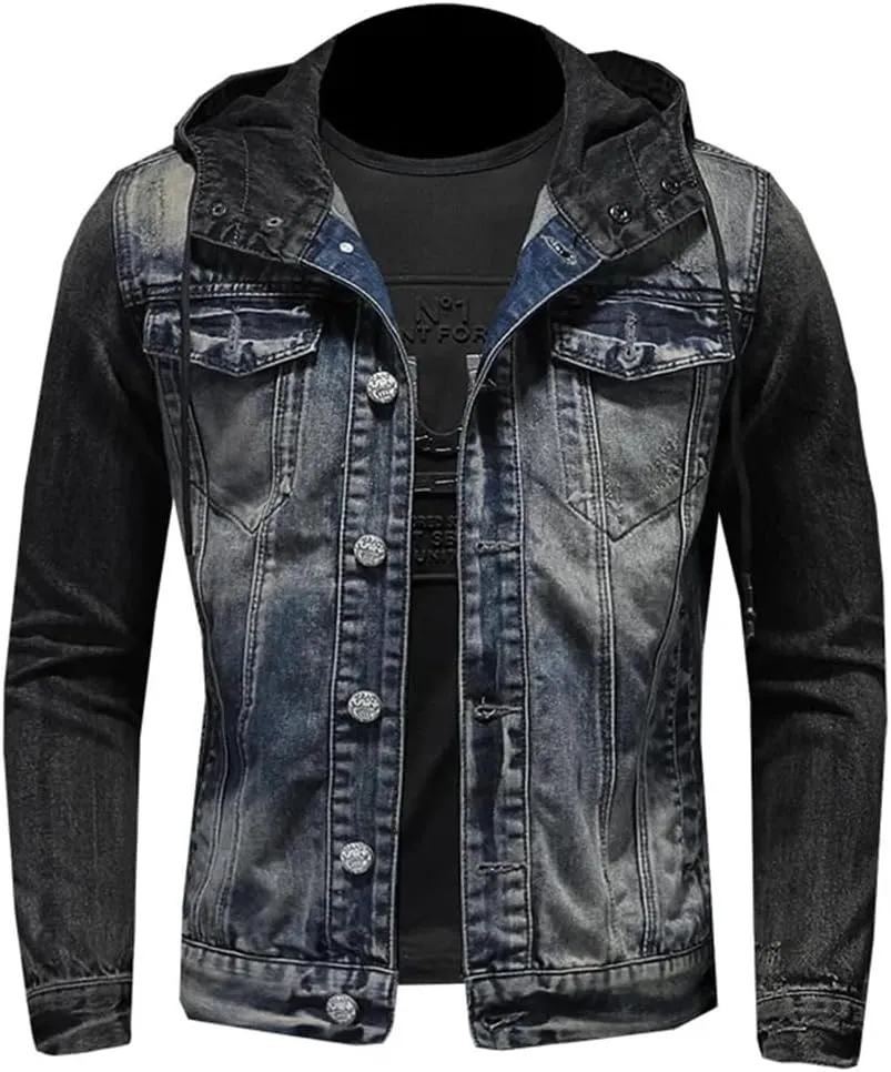 Men Spliced Hooded Washed Denim Jacket Long Sleeve Cardigan Single Breasted Outerwear Loose Coats Pockets High Street Button