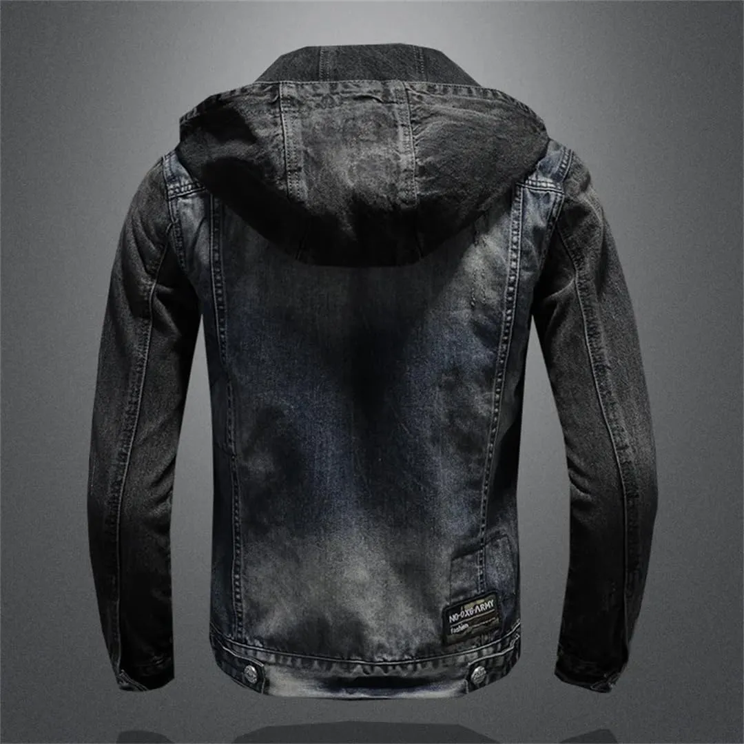 Men Spliced Hooded Washed Denim Jacket Long Sleeve Cardigan Single Breasted Outerwear Loose Coats Pockets High Street Button