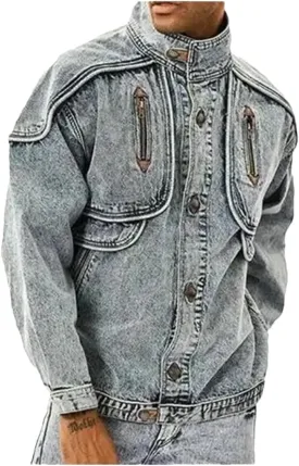 Men Vintage Denim Jackets Slim Solid Casual Jean Coat Stand Collar Moto Distressed Outwears