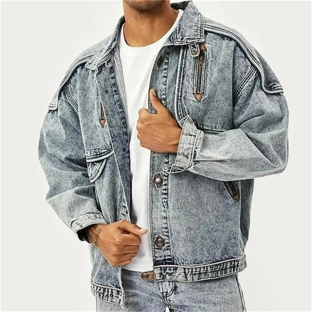 Men Vintage Denim Jackets Slim Solid Casual Jean Coat Stand Collar Moto Distressed Outwears