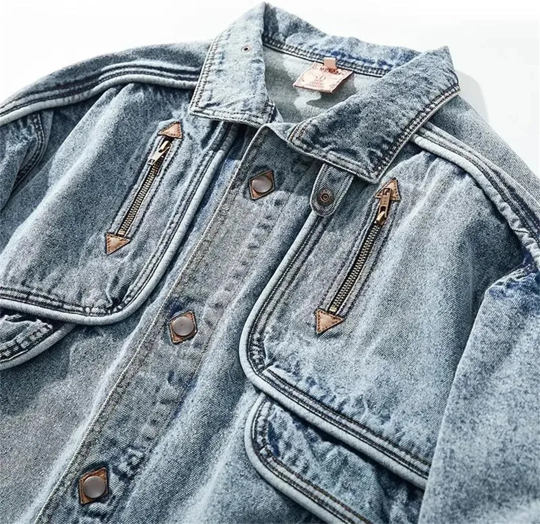 Men Vintage Denim Jackets Slim Solid Casual Jean Coat Stand Collar Moto Distressed Outwears