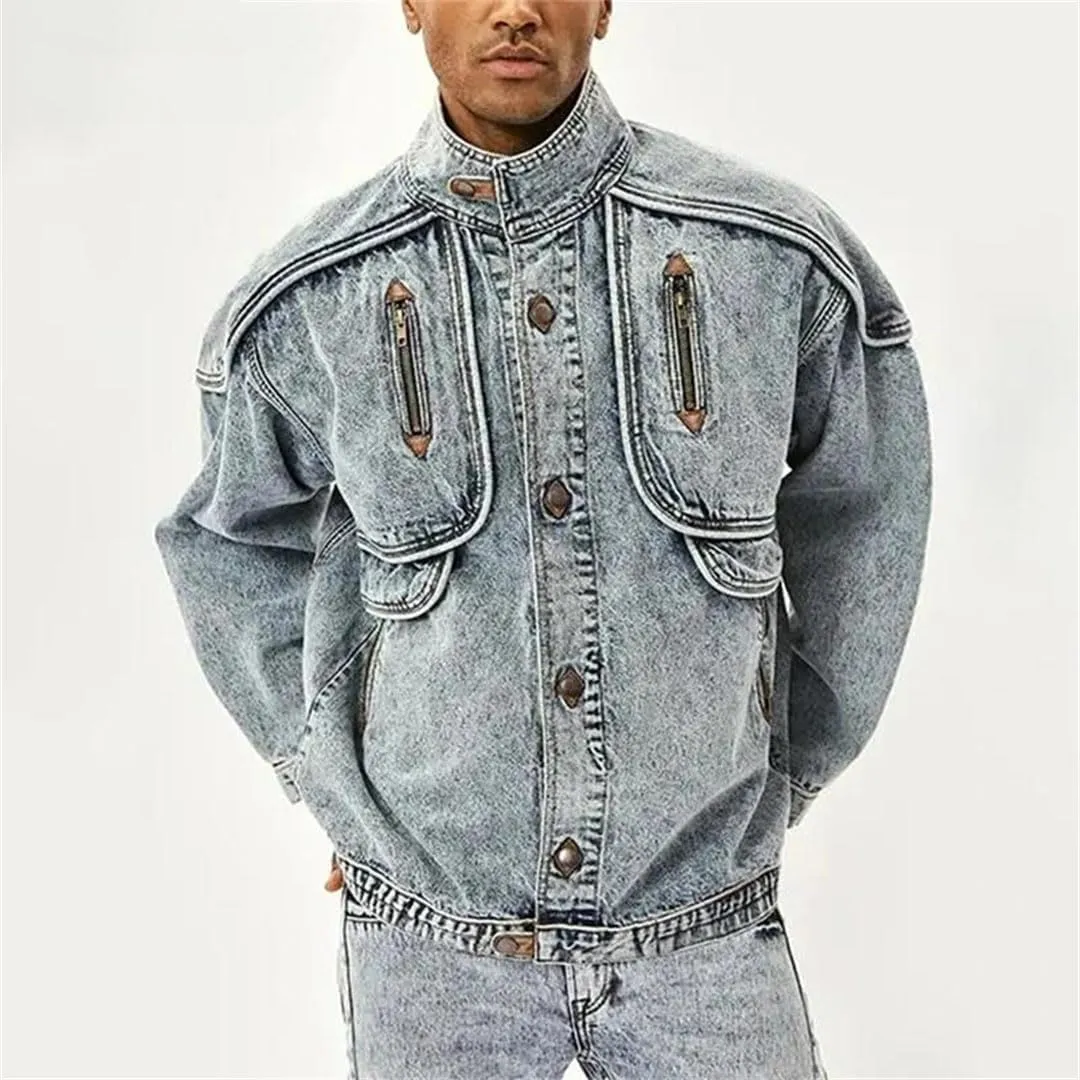 Men Vintage Denim Jackets Slim Solid Casual Jean Coat Stand Collar Moto Distressed Outwears