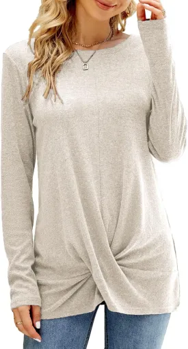 Naggoo Women's Long Sleeve Twist Front Tunic Tops Crew Neck Casual Loose Fit Dressy Shirts Blouses
