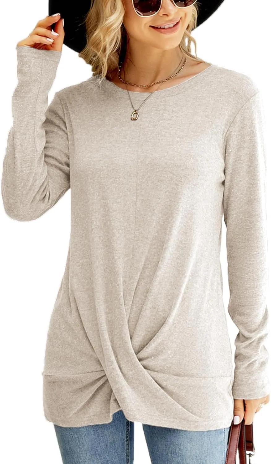 Naggoo Women's Long Sleeve Twist Front Tunic Tops Crew Neck Casual Loose Fit Dressy Shirts Blouses
