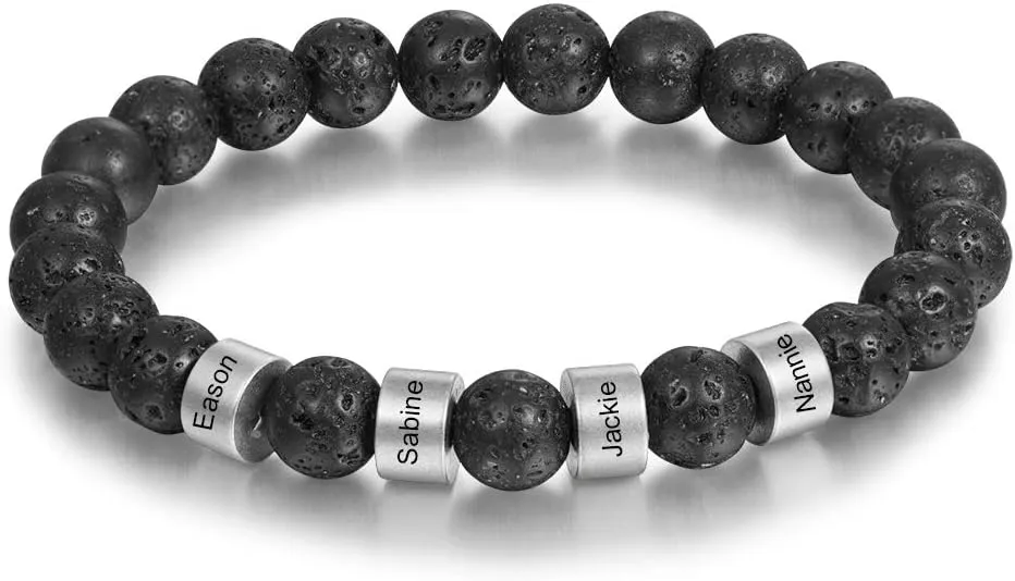 Personalized Custom Name Bracelets for Men - Natural Stone 8mm Tiger Eye | Lava Rock Bracelets for Men Son Dad Gifts Birthday Father's Day