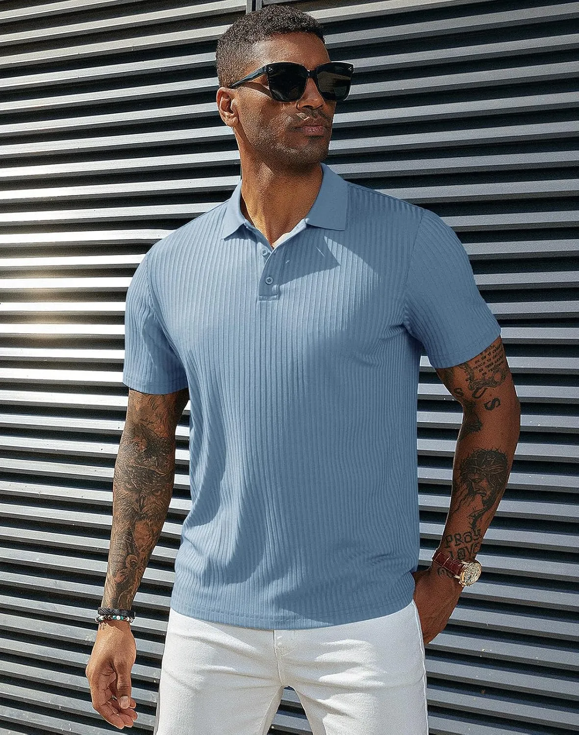 PJ PAUL JONES Mens Texture Polo Shirts Casual Wrinkle Free Elasticity Short Sleeve Knit Golf Shirt Tops