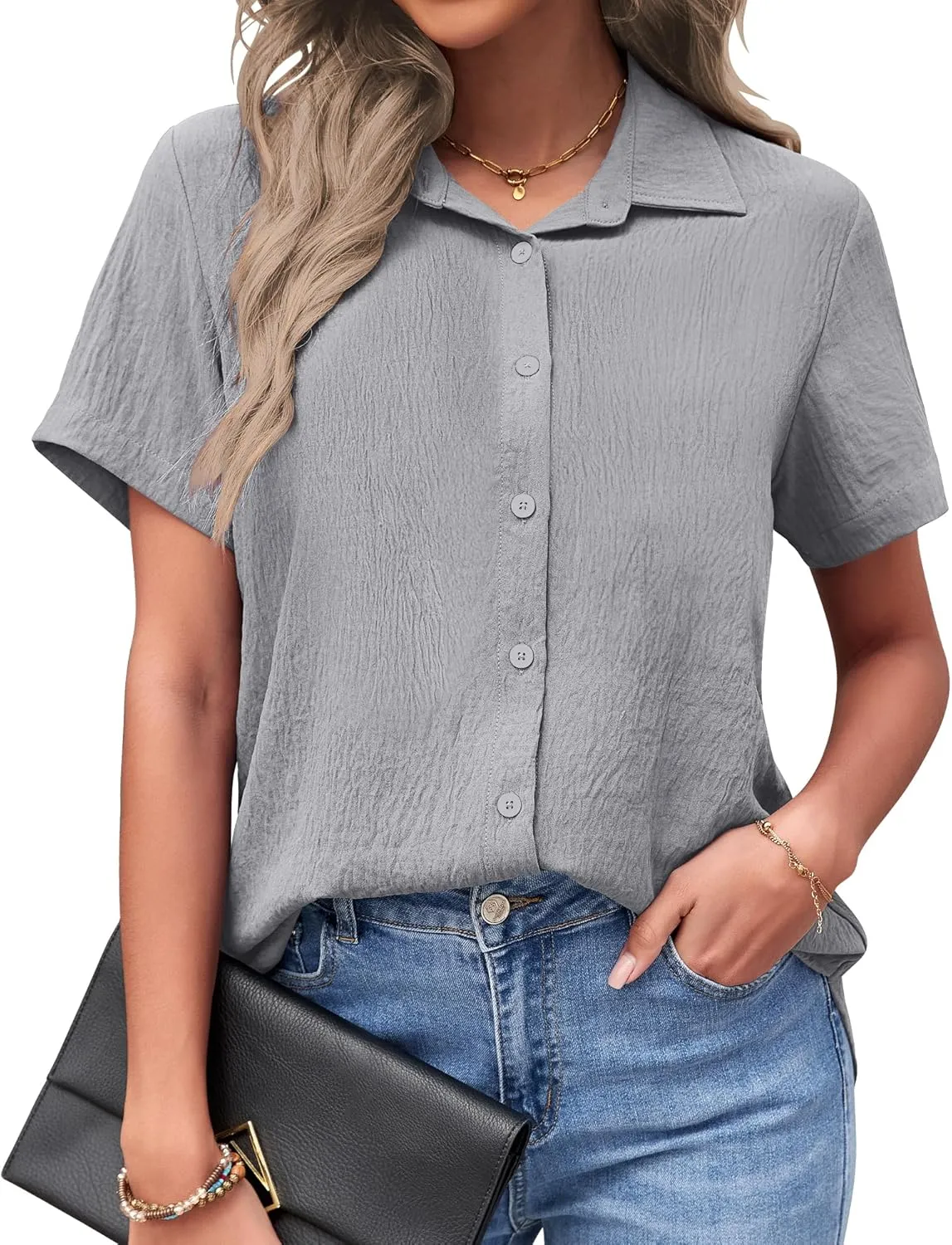 PYGFEMR Womens Button Down Shirts Short Sleeve Loose Collared V Neck Tunics Summer Tops Work Casual Business Blouses