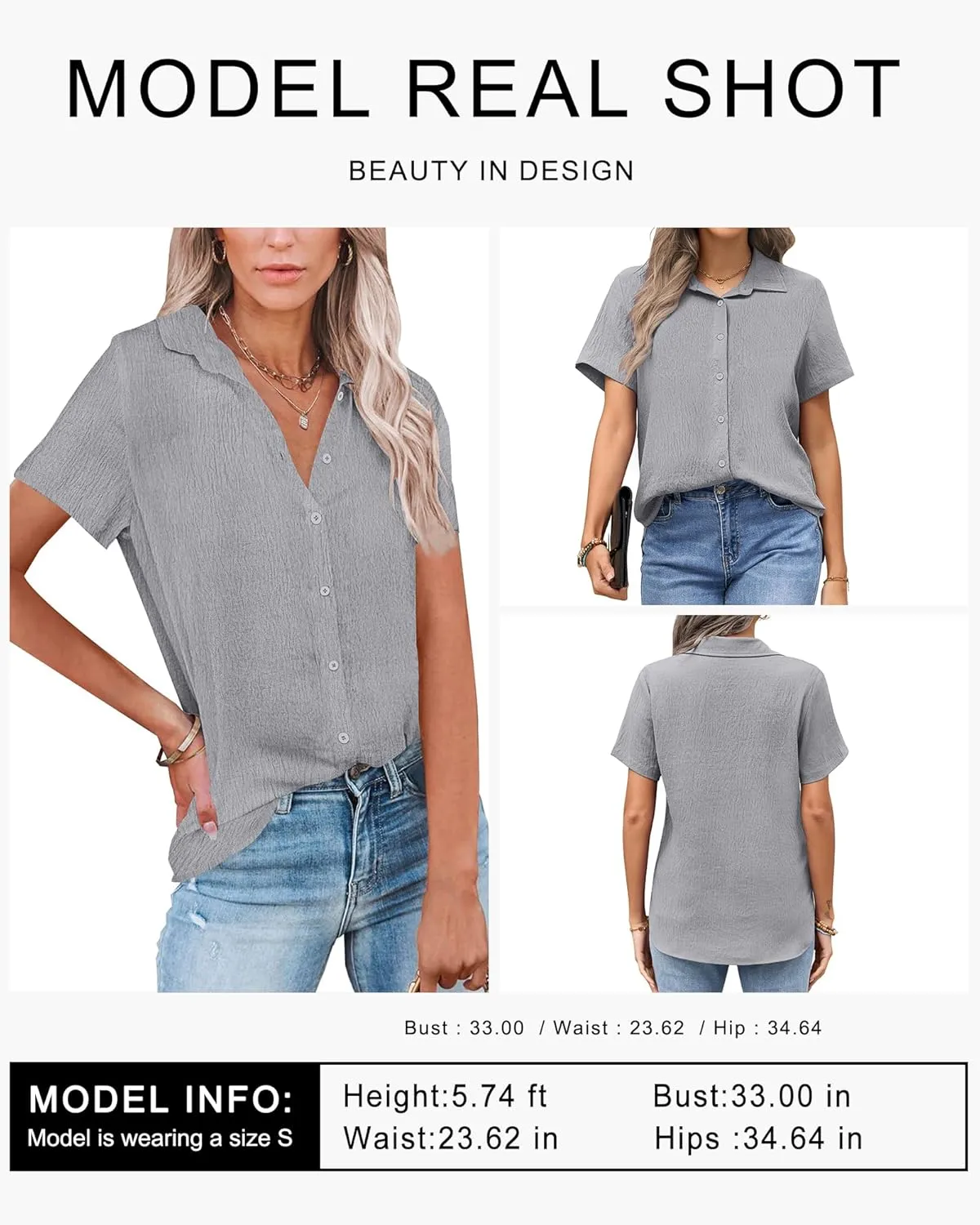 PYGFEMR Womens Button Down Shirts Short Sleeve Loose Collared V Neck Tunics Summer Tops Work Casual Business Blouses