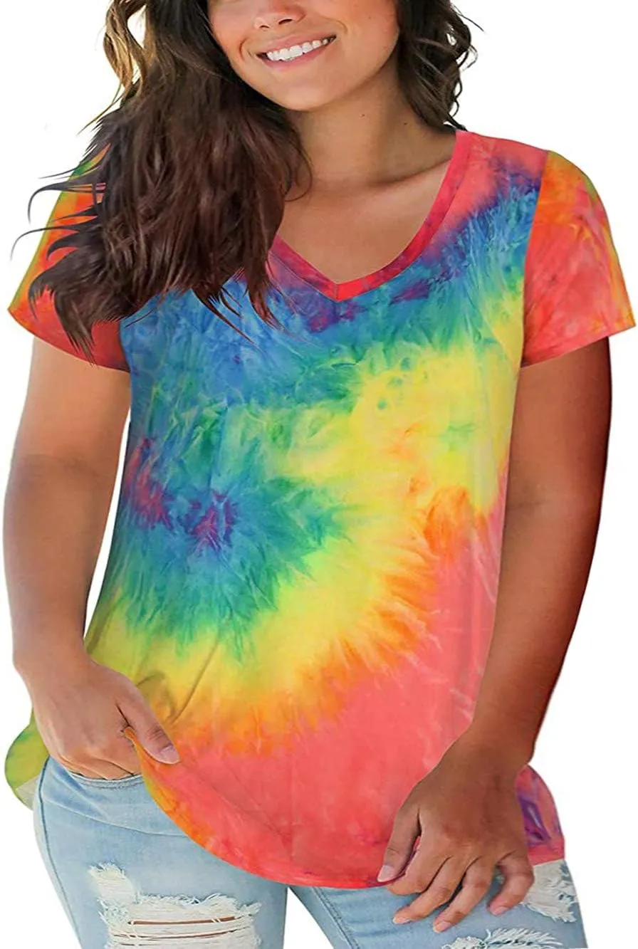 ROSRISS Plus Size Tops for Women Casual Summer T Shirts V Neck Short Sleeve Tunics