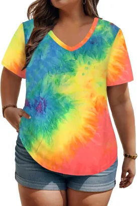 ROSRISS Plus Size Tops for Women Casual Summer T Shirts V Neck Short Sleeve Tunics